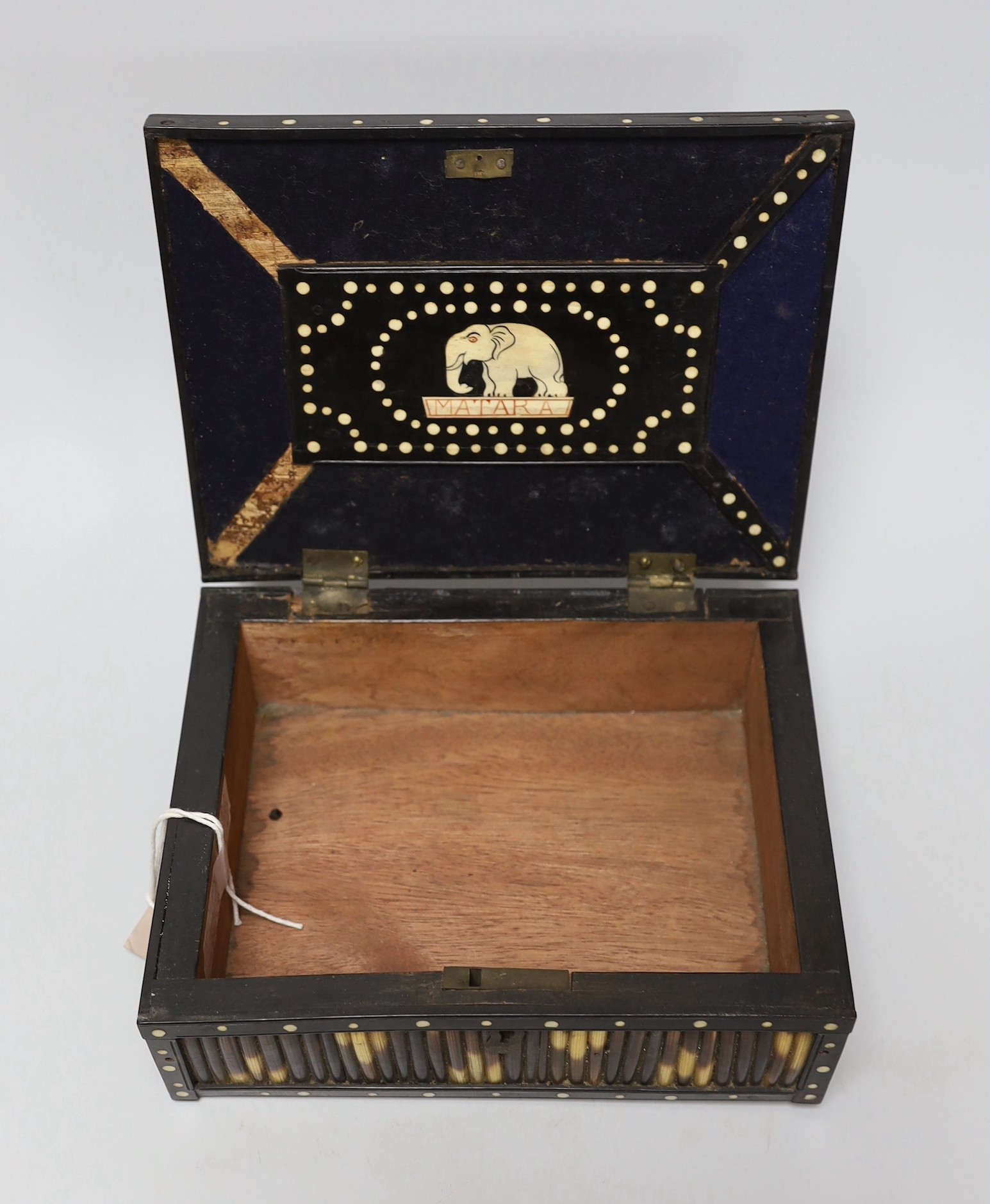 An Indian bone inlaid ebony and porcupine quill rectangular box, 20cm